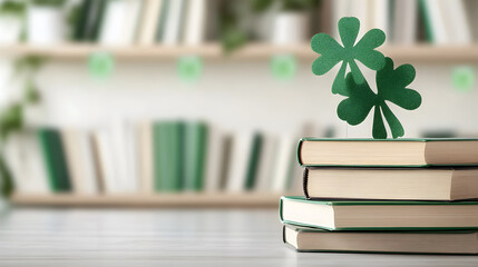 Stack of hardcover books with green accents, topped with glittery shamrock decorations. Perfect for St. Patricks Day promotions, education themes, and seasonal marketing. Selective focus