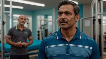 Fototapeta premium Asian male general participating in a wellness workshop focused on health in a modern fitness facility during a late afternoon session