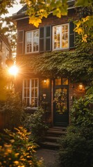 Fototapeta premium A stunning Mocha Mousse-painted urban townhouse with large windows, surrounded by greenery