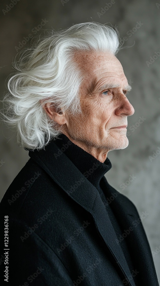 Aufkleber an elderly man with flowing white hair stands gracefully in profile against a softly textured backdr