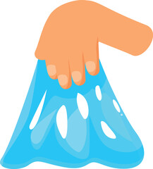 Hand gripping and pulling a piece of bright blue slime, demonstrating its stretchy and gooey texture