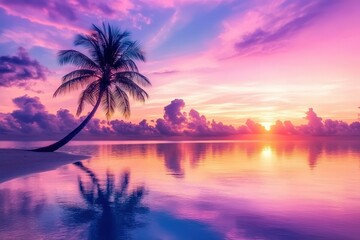 A palm tree is in the foreground with a sunset behind it