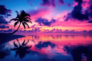 A palm tree is in the foreground with a sunset behind it