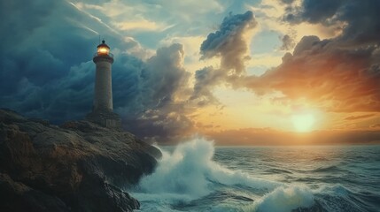 Fototapeta premium A dramatic lighthouse stands against a stormy sky and crashing waves at sunset.