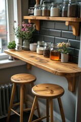 Rustic kitchen window shelf with stools, jars, and flowers.