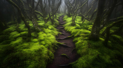 Misty forest path, moss, trees, adventure