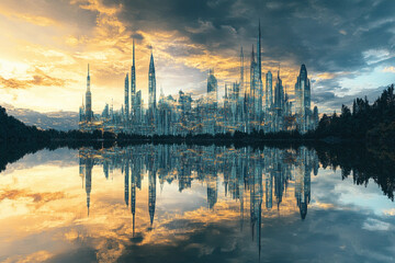 Obraz premium City skyline reflects in calm lake surrounded by trees during sunset with vibrant clouds and soft glow