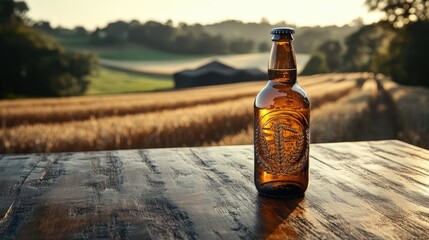Championship beer bottle resting on a polished oak table in a serene countryside setting