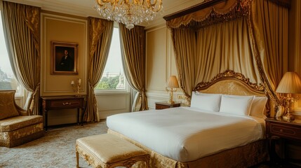 A luxurious bedroom with rich golden accents on the furniture, a crystal chandelier above, and plush bedding creating an indulgent interior design.