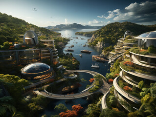 Dreamy Futuristic Cityscape, A Serene World of Floating Islands and Glowing Clouds
