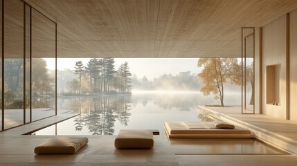 Bright indoor space with serene lake view surrounded by nature and trees