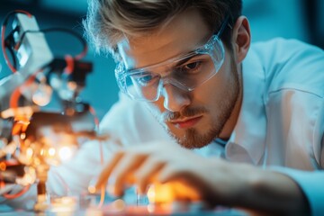 A robotics engineer testing a prototype robot, showcasing its functions with confidence and technical proficiency
