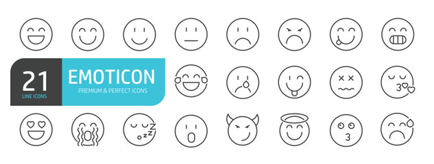 Set of line icons related to emoticon, smiley, expression. Outline icons collection. Editable stroke. Vector illustration.