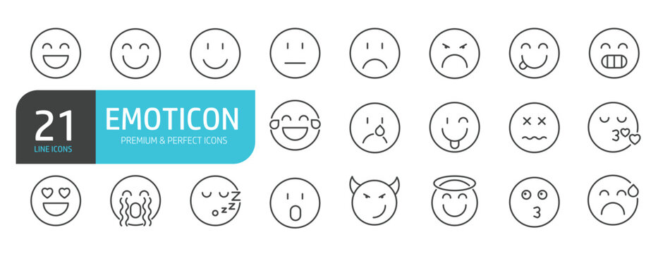 Set of line icons related to emoticon, smiley, expression. Outline icons collection. Editable stroke. Vector illustration.