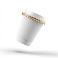 coffee cup mockup in sleek white with a gold rim on the lid and a blank sleeve for branding, floating mid-air, isolated on a bright white background
