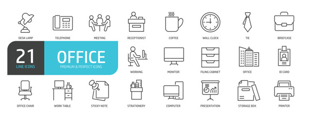 Set of line icons related to office, workplace, workspace. Outline icons collection. Editable stroke. Vector illustration.
