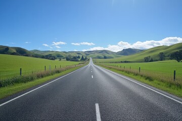 Fototapeta premium An empty road through a grassy field under cloudy skies