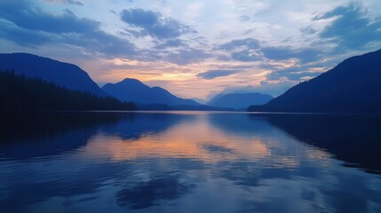 Serene Lake Reflection at Dusk with Mountains and Colorful Sky