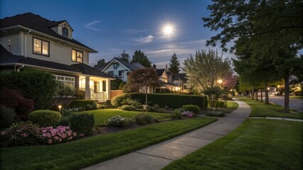 Naklejka premium Homes with neatly manicured lawns and overgrown gardens reflect the soft moonlight in a picturesque suburban setting at night, lawns, peaceful