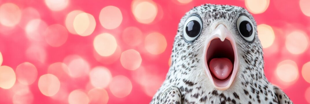 Surprised bird with open beak against a blurred colorful background, copy space