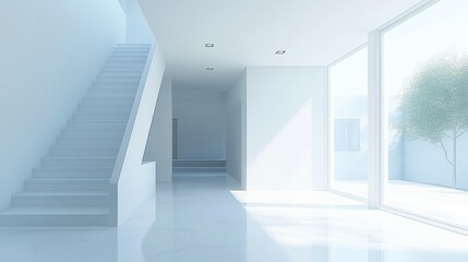 Obraz premium Modern minimalist house interior with stairs and large window.