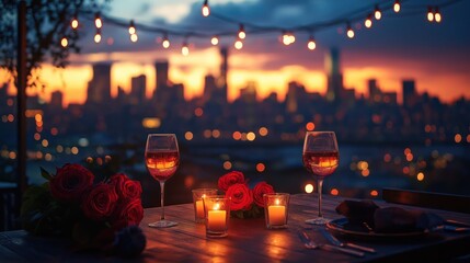  romantic rooftop valentine’s day dinner with candlelit table, roses, and city skyline under a starry night