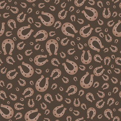 Lucky horseshoe. Coffee color silhouette. Seamless vector pattern. Endless ornament. Isolated brown background. St. Patricks Day. Flat style. Repeating symbol of happiness and luck. Abstract image. 