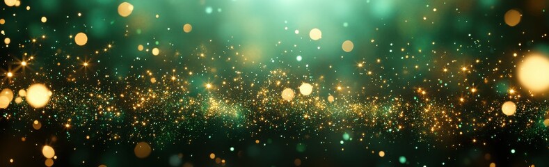 Obraz premium Glittering Green and Gold Bokeh Background with Sparkling Light and Depth for Festive and Celebratory Themes in Various Design Projects