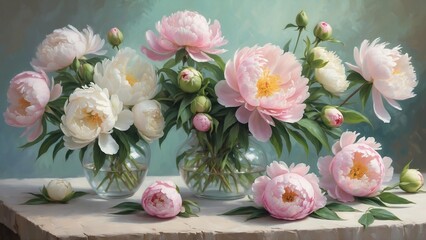 Elegant pink and white peonies in glass vases on a rustic table
