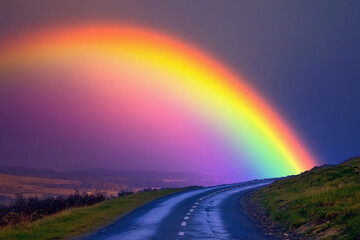 Obraz premium Colorful rainbow arches over winding road near grassy hills after a rainstorm during late afternoon
