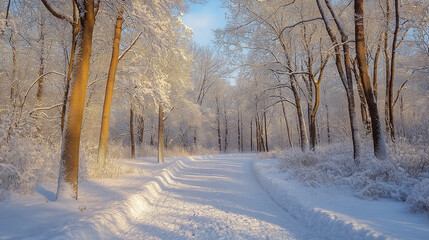 Obraz premium Snow-covered forest path in winter sunlight. Ideal for winter landscapes, nature photography, and seasonal scenery.