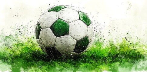 Naklejka premium Illustration of a soccer ball with watercolor splashes and grunge scratches.