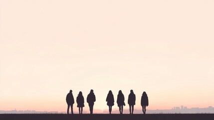 Silhouettes of six people standing together at sunset, overlooking a cityscape.