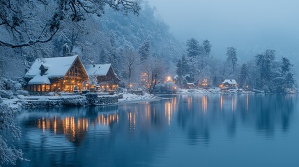 Obraz premium Serene winter wonderland scene with cozy cabins nestled along a peaceful lakeshore, illuminated by soft lights and surrounded by snow-covered trees