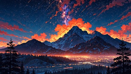 A breathtaking sunset paints the majestic mountains with fiery hues, as shooting stars streak across a vibrant starry sky above a cozy town.