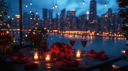  romantic rooftop valentine’s day dinner with candlelit table, roses, and city skyline under a starry night