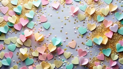 Fototapeta premium Colorful paper hearts scattered on a table with a confetti overlay in pastel shades and metallic gold details, party accessories, heart decorations