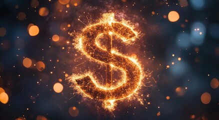 Glowing Dollar Sign Created with Sparks and Bokeh Effects Against a Dark Background for Financial, Economic, and Investment Themes