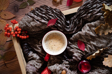Halloween festive autumn background. Autumn decor from pumpkins, berries, maple leaves and chestnuts on old rustic white wooden backgrounds. Concept of Thanksgiving day Halloween. Top view copy space