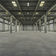 Empty industrial warehouse interior, concrete floor, large windows, architectural design, background for business