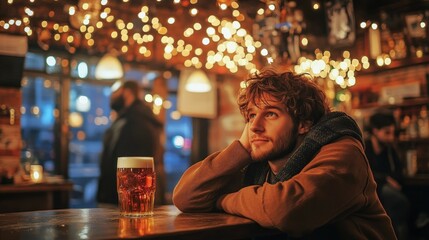 Man relaxes with a craft beer in a cozy bar with warm lighting and brick walls