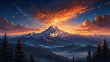 Obraz premium A breathtaking sunset paints the sky with fiery hues as majestic snow-capped mountains stand tall against the starry night.
