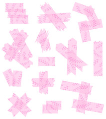 Set of pink semi-transparent washi tapes with pattern isolated on white. Tapes collection in vector. Pieces of decorative tape for scrapbooks. Torn paper. Love, Valentine's Day