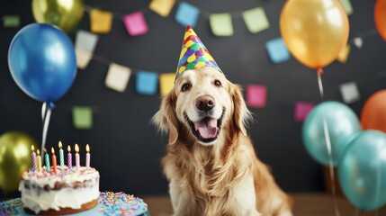 Playful Dog in Party Hat with Colorful Balloon and Birthday Cake: Festive Setup for Pet Birthday Celebration, Capturing Joy and Cheerfulness in a Fun Party Atmosphere