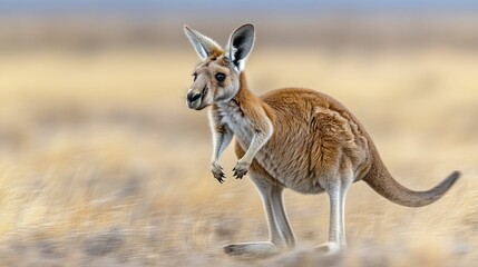 Fototapeta premium Red kangaroo hops across sunlit plains