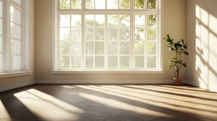 Fototapeta premium Sunlit empty room with large window, hardwood floor, and plant.