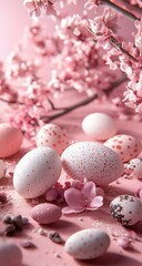 Obraz premium Pink Easter eggs decorated with speckles are nestled amongst delicate pink blossoms, creating a springtime festive scene