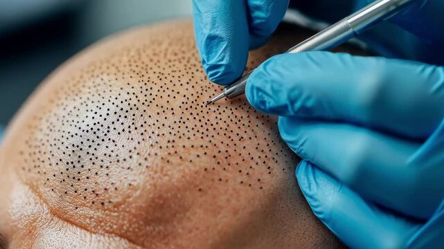 Skilled technician performs scalp micropigmentation on a client experiencing hair loss. The procedure involves precision application to mimic hair follicles for a fuller appearance.