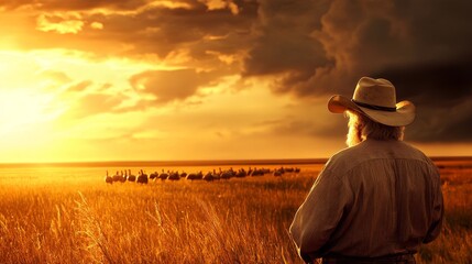 Golden Sunset on the Farm A Lone Cowboy Stands Amidst a Flock of Turkeys as the Sun Sets
