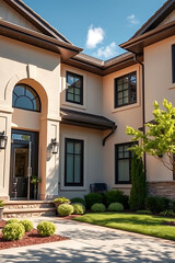 Obraz premium Luxury Modern Home Exterior: Stunning Architecture and Landscaping. A dream house with beautiful design, showcasing modern architecture and a well-maintained garden.